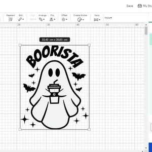 May include: A black and white design of a ghost holding a coffee cup with the text "BOORISTA" above it. The ghost is surrounded by stars and bats.