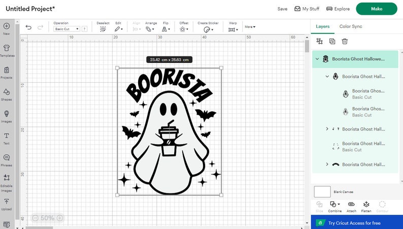 May include: A black and white design of a ghost holding a coffee cup with the text "BOORISTA" above it. The ghost is surrounded by stars and bats.