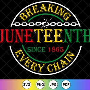 May include: A circular graphic design with the text "Breaking Every Chain" in a white circle with a green, red, and yellow background. The text "Juneteenth" is in a red, yellow, and green font. The text "Since 1865" is in a white circle.