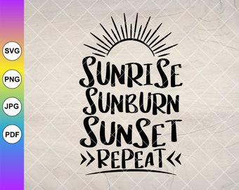 Amanecer, quemadura solar, atardecer repetido SVG: Diseño de vacaciones en la playa, archivos de corte Cricut, descarga digital