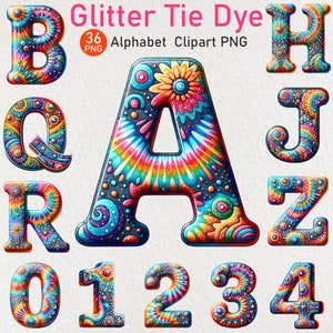 Colorful Glitter Tie Dye Alphabet and Numbers Clipart PNG Sublimation, Tie Dye Letters, Glitter Rainbow Font Bundle, PNG Sublimation Design
