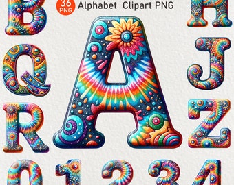 Glitter Tie Dye Alphabet Clipart: Rainbow Font PNG (Digital Download)