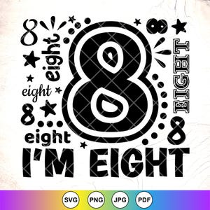 I&#39;m Eight Birthday SVG PNG,8 years old SVG,Birthday Boy Girl Svg, 8th Birthday Party svg,Birthday Shirt Svg,Instant Download File for Cricut