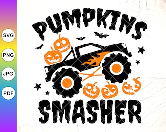 Pumpkin Smasher Monster Truck SVG: Kids Halloween Shirt,Cricut Cut Files, Digital Download