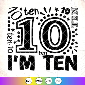 Ich bin zehn Geburtstag SVG PNG, 10 Jahre alte SVG, Geburtstag Junge Mädchen SVG, Geburtstagsparty Shirt Sofort Download Datei für Cricut