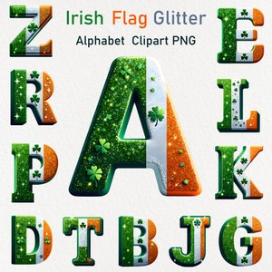 Bandeira Irlandesa Glitter Alfabeto Clipart PNG Sublimação, Bandeira da Irlanda de São Patrício Alfabeto Clipart, Letras de São Patrício, Design de Sublimação PNG