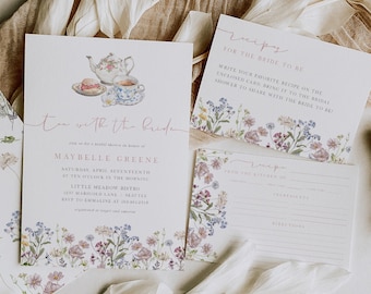 bridal shower tea invitation with recipe card template, bridal tea, wildflower bridal brunch invite | maybelle
