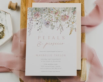 petals and prosecco bridal shower invitation template, wildflower bridal shower invite | camellia