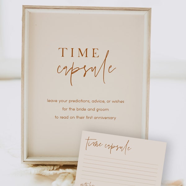 wedding time capsule sign and card template, predictions, advice for the bride and groom, wedding games, minimalist wedding | clara