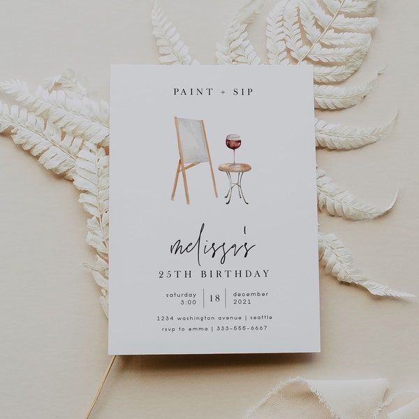 paint and sip birthday invitation template, adult painting invitation, adult birthday invitation, minimalist painting party invite  | clara