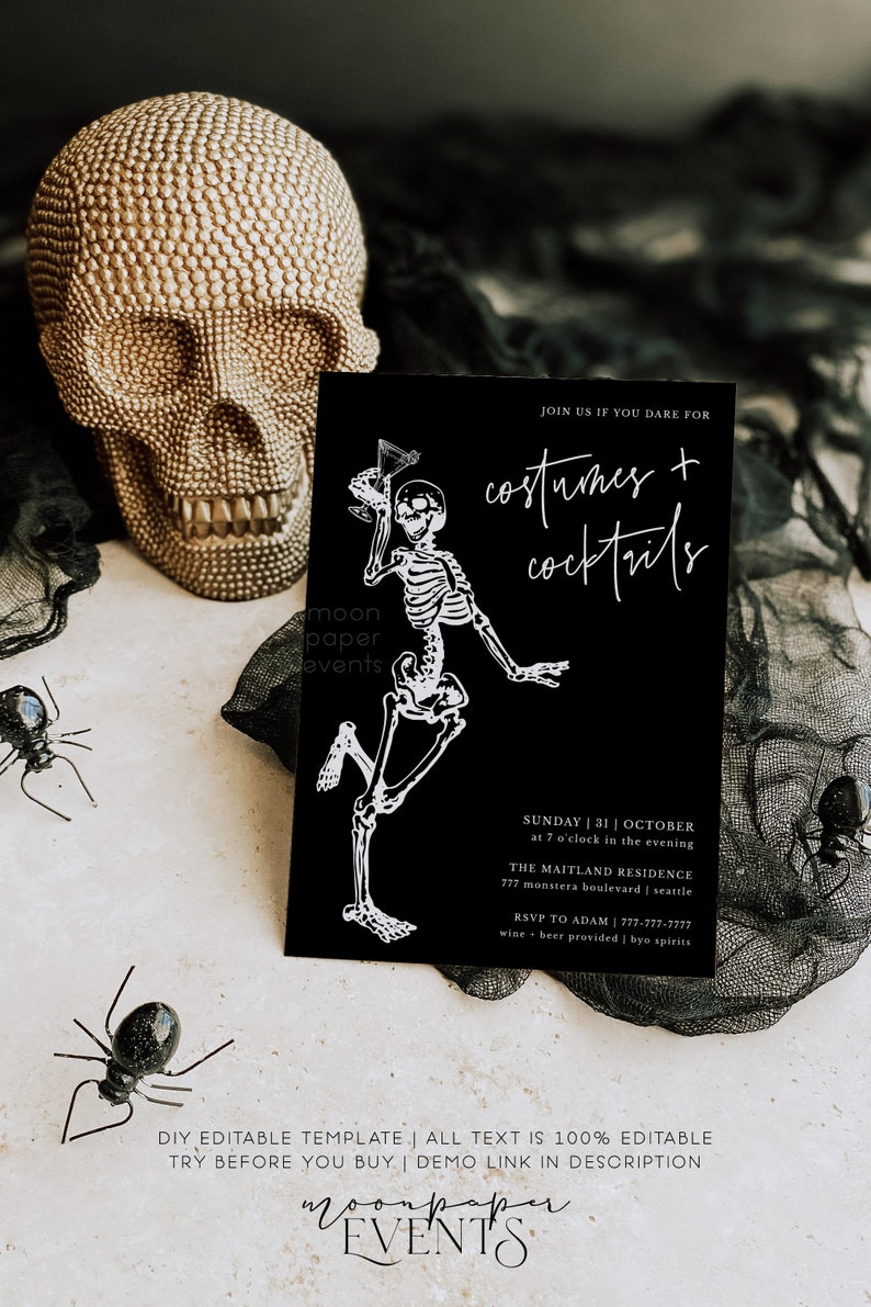 costumes and cocktails halloween party invitation • dancing skeleton halloween party invite • diy editable template | skellie 