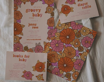 retro groovy baby shower invitation template • floral 70s themed baby shower • diy editable template | jenny