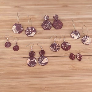 Maroon & Rose Gold Marbled Clay Earrings