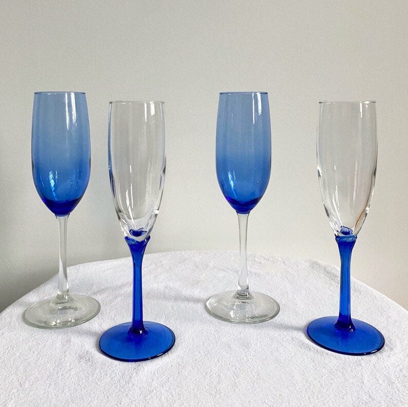 4 Matched Champagne Flutes Blue Stem & Glass Champagne Etsy