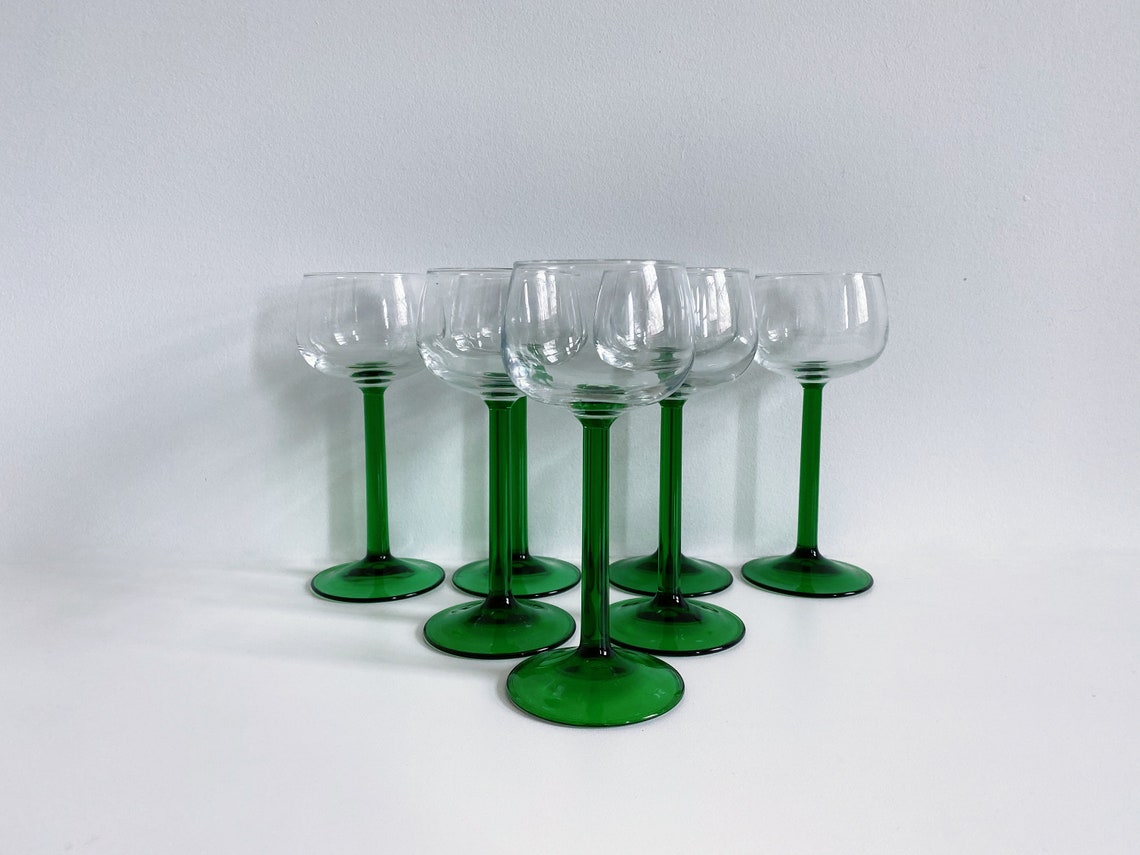 7 Vintage Luminarc France Liquor/Wine Glasses Green Stem Etsy