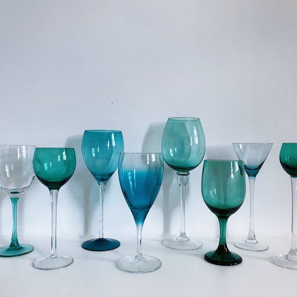 8 Mixed Vintage Green Turquoise Glasses, Vintage Glassware, Miscellaneous Barware