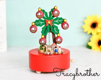 Personalisierte Riesenrad-Spieluhr aus Holz: Melodie ""Merry Christmas""."