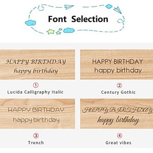 May include: Four different font styles for "HAPPY BIRTHDAY" and "happy birthday" are shown on a wood background. The fonts are Lucida Calligraphy Italic, Century Gothic, Trench, and Great Vibes.