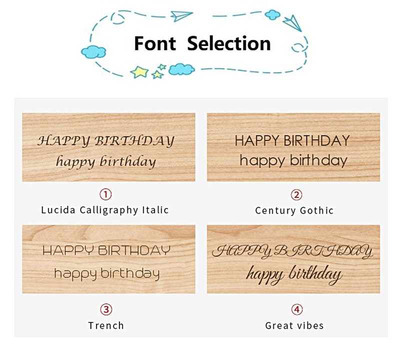 May include: Four different font styles for "HAPPY BIRTHDAY" and "happy birthday" are shown on a wood background. The fonts are Lucida Calligraphy Italic, Century Gothic, Trench, and Great Vibes.