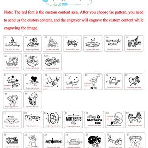 May include: A black and white image showing a variety of engraving templates for different occasions. The templates include birthday, Valentine's Day, Mother's Day, Christmas, and other themes. The red font indicates the customizable area for adding personalized text.