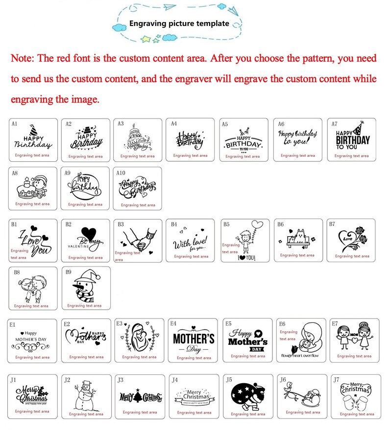 May include: A black and white image showing a variety of engraving templates for different occasions. The templates include birthday, Valentine's Day, Mother's Day, Christmas, and other themes. The red font indicates the customizable area for adding personalized text.