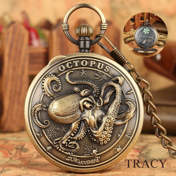 Personalized music pocket watch, customized quartz music box, octopus pattern pocket watch, handmade pocket watch, holiday gift, unique gift