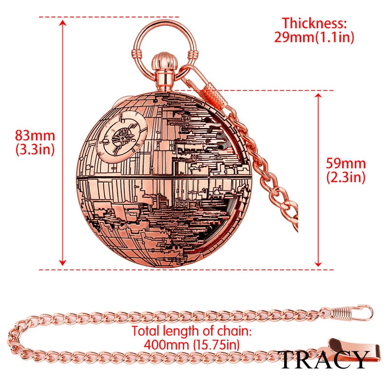 May include: A rose gold pocket watch with a Death Star design. The watch is 3.3 inches in diameter and has a chain that is 15.75 inches long.