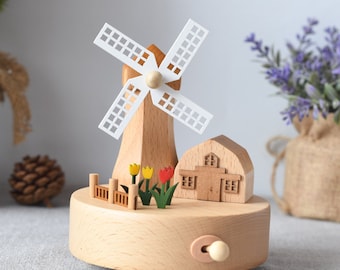 Personalized wooden handmade music box ,Customized Music Box,Windmill Music Box, Holiday Gifts,Party Gifts,Special Keepsake