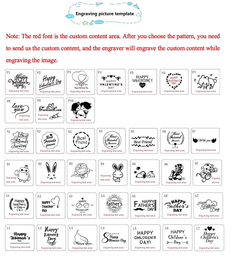 May include: A black and white image showing a variety of engraving templates for different occasions. The templates include images of hearts, flowers, animals, and text. The text includes phrases like "Happy Valentine's Day", "Best Friends Forever", and "Happy Teacher's Day".