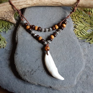 Real Coyote Tooth Tribal Necklace for Men. Authentic White Wolf Fang with Wood Beads and Silver. Natural Boho Jewelry for Him