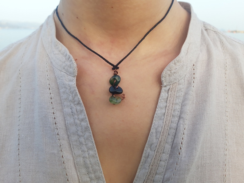 Handmade unique piece Green Agate and Obsidian Pendant