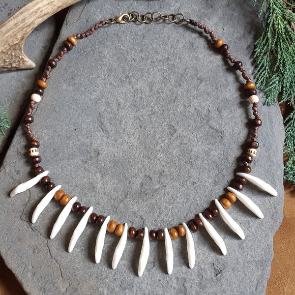 Men's tribal choker necklace with coyote teeth charms. African bone and wood bead necklace. Warrior surf choker. Handmade, adjustable length