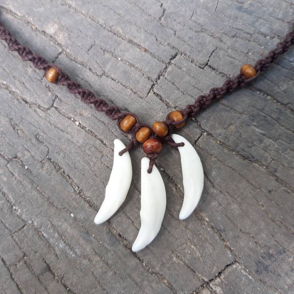 Real coyote teeth necklace tribal style. Wolf fang charms men's macrame jewelry. Surf, primitive, hunter jewelry. Bushcraft wilderness style