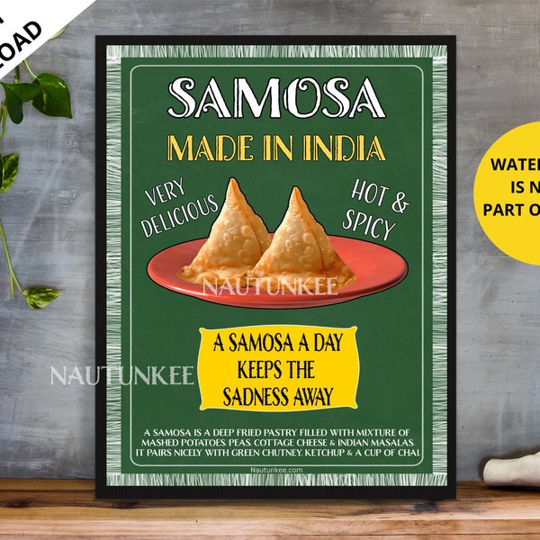 Samosa Poster Printable Indian Food Art Shop Decor Indian Kitchen Decor, Indian desi wall art, Gujarati , Punjabi food Restaurant Cafe Decor