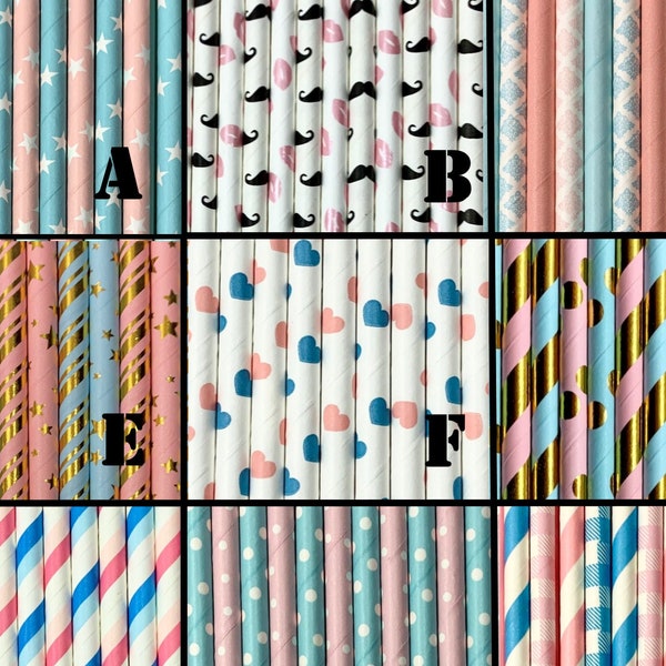 Gender Reveal Paper Straws - 12 different medley options! - dots, stars, stripes, foil, mustaches