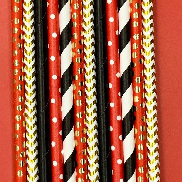Paper straws - Red, Black and Gold - polka dots, stripes, solid, chevrons
