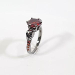 Skull Engagement Ring — Unique Red Garnet Wedding Ring, Handmade Skull Ring with Dark Romance Vibe, Sterling Silver Wedding Ring for Her