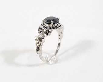 Black Onyx Skull Engagement Ring Women, White Gold Skull Ring, Gothic Wedding Rings, Skull Promise Ring, Halloween Jewelry Gift, 10k/14k/18k