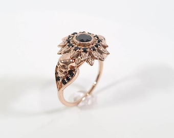 Skull Flower Ring Womens 0.80TCW Black Onyx Flower Skull Engagement Ring Gothic Spooky Skull Jewelry Rose Gold Finish 925 Sterling Silver