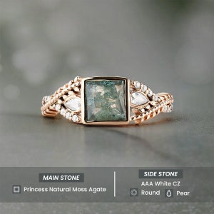 Green Moss Agate Ring-Princess Cut Natural Agate Engagement Ring-Sterling Silver-Rose Gold-Promise Ring-Anniversary Gift for Her-Leaf-Nature