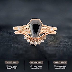 Coffin Engagement Ring Set Black Spinel CZ Gemstone Gothic Bridal Rings Diamond Curved Wedding Band Statement Jewelry Rose Gold, White Gold