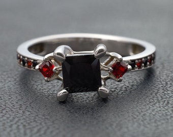 Black Onyx Engagement Ring, Multi Gemstone Rings, Red and Black Gothic Promise Ring for Her, White Gold Wedding Rings, Party Jewelry Women's