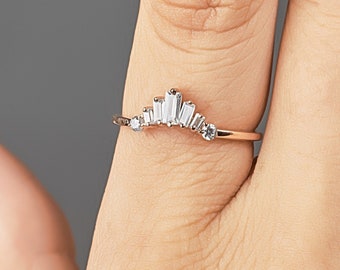 Baguette Cut Moissanite Tiara Wedding Band Women's Sterling Silver Rose Gold Engagement Ring Enhancer Promise Ring Anniversary Gift for Her