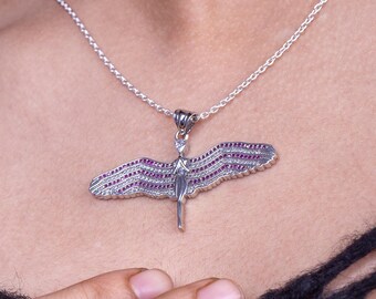 守護天使ネックレス - スターリングシルバーの翼ペンダント、ピンクとホワイトのパヴェセッティングCZ、彼女へのスピリチュアルギフト