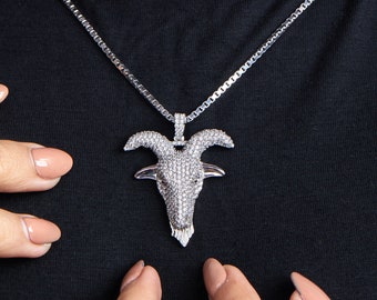 Sterling Silver Goat Necklace - Capricorn Pendant, Iced Out Hip Hop Charm, Animal Jewelry