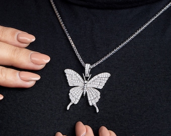 Butterfly Necklace, 925 Sterling Silver AAA CZ Diamond Iced