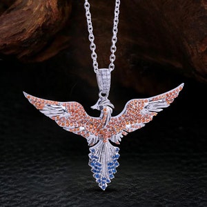 Phoenix Necklace for Girls Women, 925 Sterling Silver Rising Bird Phoenix Pendant with Chain, Orange Blue CZ, Mythical Jewelry, Gift for Her