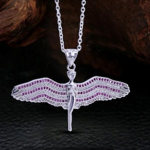 Angel Necklace for Women 925 Sterling Silver Pink Natural Ruby and Moissanite Diamonds Archangel Wings Pendant with Chain Christmas Jewelry