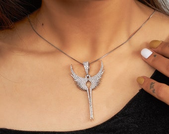 Collar de alas de ángel con circonita cúbica en plata de ley, regalo de Navidad para ella.