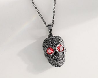 Black Moissanite Skull Pendant Iced Out Skull Necklace Sterling Silver Red CZ Gothic Halloween Jewelry Gift Hip Hop Biker Gun Metal Finish